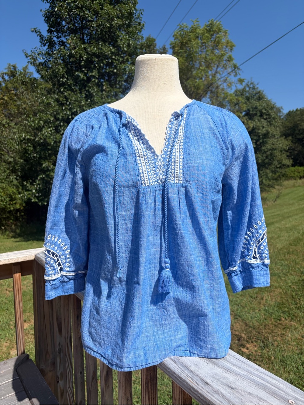 Talbots Petites Embroidered Eyelet Tassel Tie Blouse Top Blue Size Medium Petite